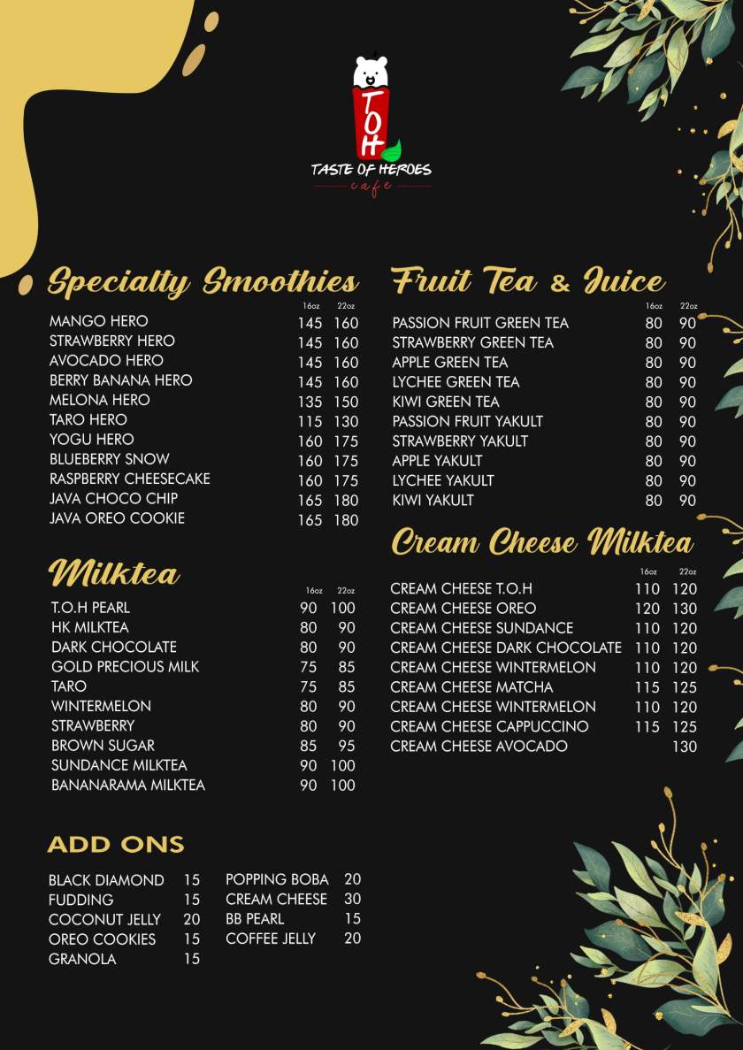 Taste of Heroes Milktea Menu